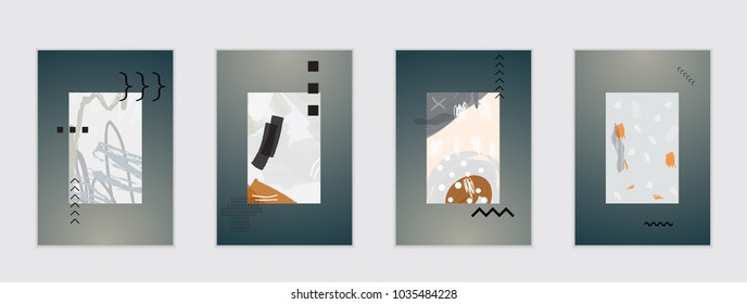 Set of artistic abstract universal card templates with simple geometric shapes and hand drawn doodle texture. Social media web banner. Bright colored isolated on white background cover template.
