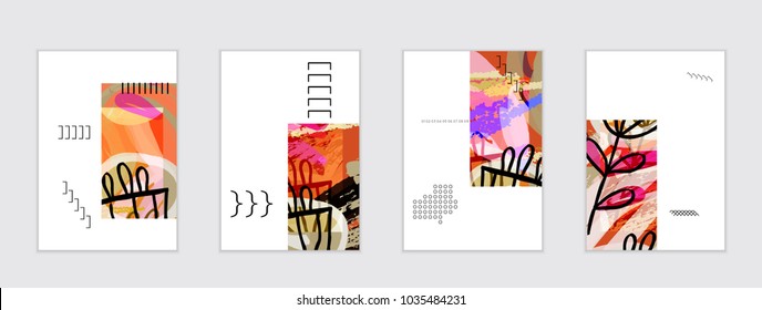 Set of artistic abstract universal card templates with simple geometric shapes and hand drawn doodle texture. Social media web banner. Bright colored isolated on white background cover template.