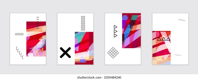 Set of artistic abstract universal card templates with simple geometric shapes and hand drawn doodle texture. Social media web banner. Bright colored isolated on white background cover template.