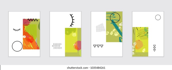 Set of artistic abstract universal card templates with simple geometric shapes and hand drawn doodle texture. Social media web banner. Bright colored isolated on white background cover template.