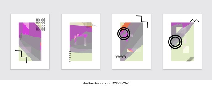 Set of artistic abstract universal card templates with simple geometric shapes and hand drawn doodle texture. Social media web banner. Bright colored isolated on white background cover template.