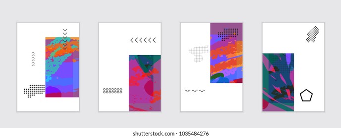 Set of artistic abstract universal card templates with simple geometric shapes and hand drawn doodle texture. Social media web banner. Bright colored isolated on white background cover template.
