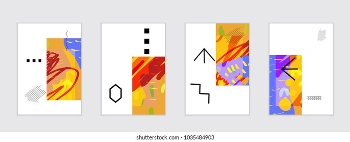 Set of artistic abstract universal card templates with simple geometric shapes and hand drawn doodle texture. Social media web banner. Bright colored isolated on white background cover template.