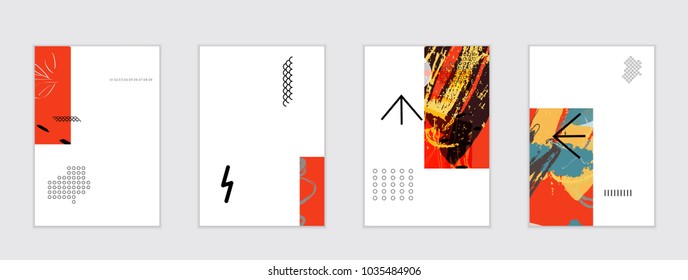Set of artistic abstract universal card templates with simple geometric shapes and hand drawn doodle texture. Social media web banner. Bright colored isolated on white background cover template.
