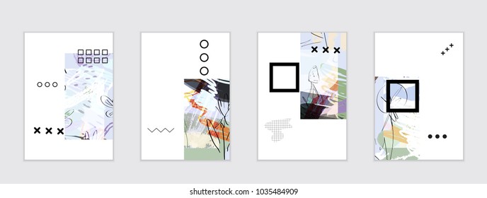 Set of artistic abstract universal card templates with simple geometric shapes and hand drawn doodle texture. Social media web banner. Bright colored isolated on white background cover template.
