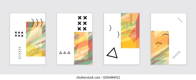 Set of artistic abstract universal card templates with simple geometric shapes and hand drawn doodle texture. Social media web banner. Bright colored isolated on white background cover template.