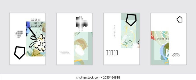 Set of artistic abstract universal card templates with simple geometric shapes and hand drawn doodle texture. Social media web banner. Bright colored isolated on white background cover template.