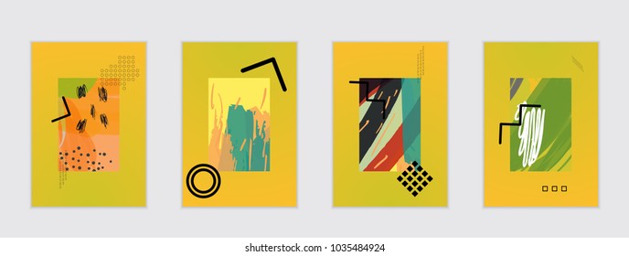 Set of artistic abstract universal card templates with simple geometric shapes and hand drawn doodle texture. Social media web banner. Bright colored isolated on white background cover template.