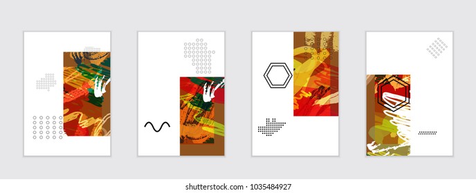 Set of artistic abstract universal card templates with simple geometric shapes and hand drawn doodle texture. Social media web banner. Bright colored isolated on white background cover template.