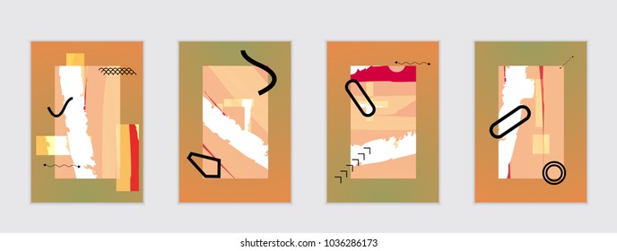 Set of artistic abstract universal card templates with simple geometric shapes and hand drawn doodle texture. Social media web banner. Bright colored isolated on white background cover template.