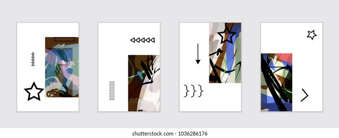 Set of artistic abstract universal card templates with simple geometric shapes and hand drawn doodle texture. Social media web banner. Bright colored isolated on white background cover template.