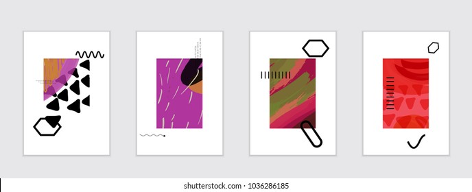 Set of artistic abstract universal card templates with simple geometric shapes and hand drawn doodle texture. Social media web banner. Bright colored isolated on white background cover template.