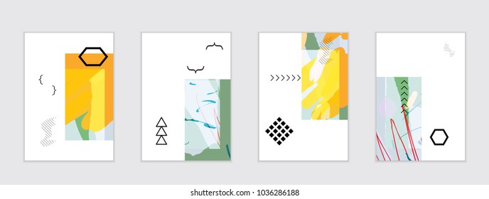 Set of artistic abstract universal card templates with simple geometric shapes and hand drawn doodle texture. Social media web banner. Bright colored isolated on white background cover template.