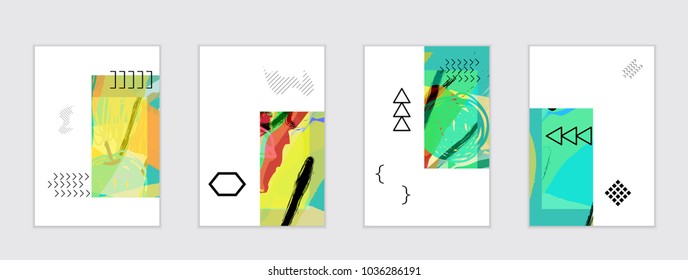 Set of artistic abstract universal card templates with simple geometric shapes and hand drawn doodle texture. Social media web banner. Bright colored isolated on white background cover template.