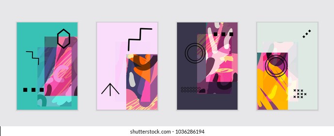 Set of artistic abstract universal card templates with simple geometric shapes and hand drawn doodle texture. Social media web banner. Bright colored isolated on white background cover template.