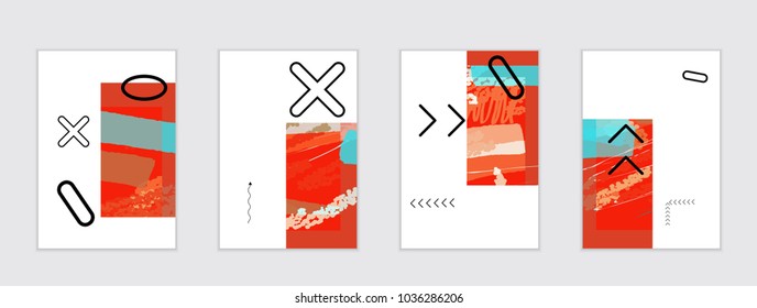 Set of artistic abstract universal card templates with simple geometric shapes and hand drawn doodle texture. Social media web banner. Bright colored isolated on white background cover template.