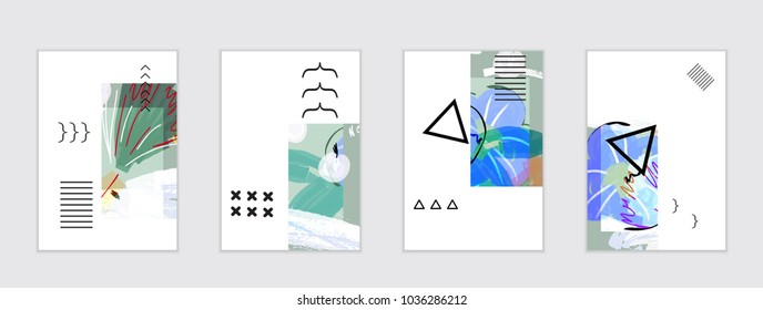 Set of artistic abstract universal card templates with simple geometric shapes and hand drawn doodle texture. Social media web banner. Bright colored isolated on white background cover template.