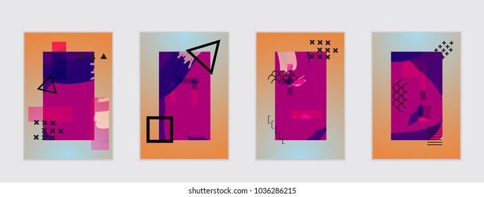 Set of artistic abstract universal card templates with simple geometric shapes and hand drawn doodle texture. Social media web banner. Bright colored isolated on white background cover template.
