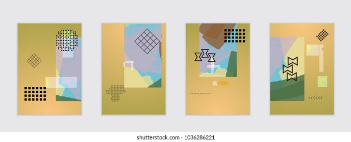 Set of artistic abstract universal card templates with simple geometric shapes and hand drawn doodle texture. Social media web banner. Bright colored isolated on white background cover template.