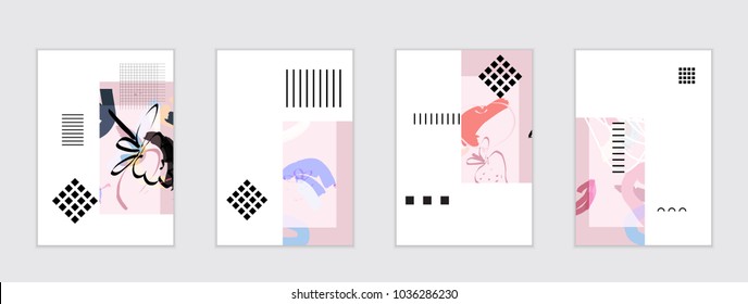 Set of artistic abstract universal card templates with simple geometric shapes and hand drawn doodle texture. Social media web banner. Bright colored isolated on white background cover template.