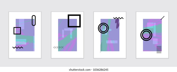 Set of artistic abstract universal card templates with simple geometric shapes and hand drawn doodle texture. Social media web banner. Bright colored isolated on white background cover template.