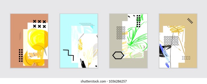 Set of artistic abstract universal card templates with simple geometric shapes and hand drawn doodle texture. Social media web banner. Bright colored isolated on white background cover template.