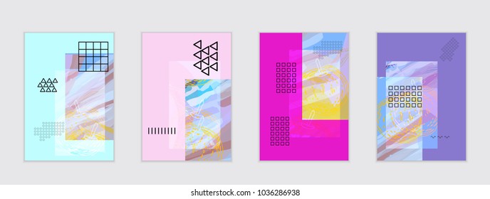 Set of artistic abstract universal card templates with simple geometric shapes and hand drawn doodle texture. Social media web banner. Bright colored isolated on white background cover template.