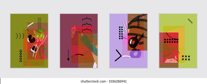 Set of artistic abstract universal card templates with simple geometric shapes and hand drawn doodle texture. Social media web banner. Bright colored isolated on white background cover template.