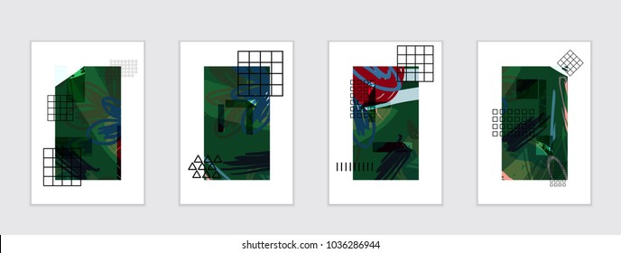 Set of artistic abstract universal card templates with simple geometric shapes and hand drawn doodle texture. Social media web banner. Bright colored isolated on white background cover template.