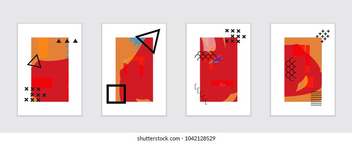 Set of artistic abstract universal card templates with simple geometric shapes and hand drawn doodle texture. Social media web banner. Bright colored isolated on white background cover template.