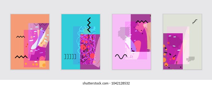 Set of artistic abstract universal card templates with simple geometric shapes and hand drawn doodle texture. Social media web banner. Bright colored isolated on white background cover template.