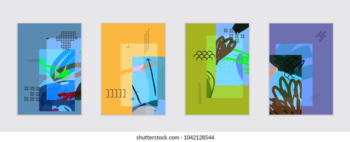 Set of artistic abstract universal card templates with simple geometric shapes and hand drawn doodle texture. Social media web banner. Bright colored isolated on white background cover template.