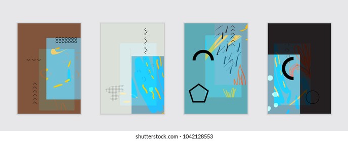 Set of artistic abstract universal card templates with simple geometric shapes and hand drawn doodle texture. Social media web banner. Bright colored isolated on white background cover template.