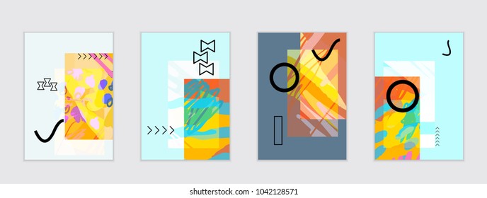 Set of artistic abstract universal card templates with simple geometric shapes and hand drawn doodle texture. Social media web banner. Bright colored isolated on white background cover template.