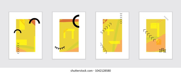 Set of artistic abstract universal card templates with simple geometric shapes and hand drawn doodle texture. Social media web banner. Bright colored isolated on white background cover template.