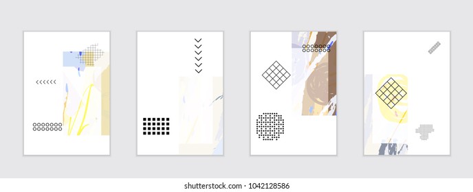 Set of artistic abstract universal card templates with simple geometric shapes and hand drawn doodle texture. Social media web banner. Bright colored isolated on white background cover template.
