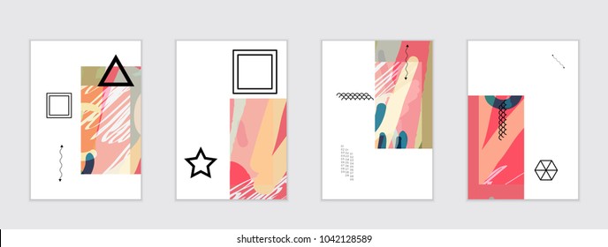 Set of artistic abstract universal card templates with simple geometric shapes and hand drawn doodle texture. Social media web banner. Bright colored isolated on white background cover template.