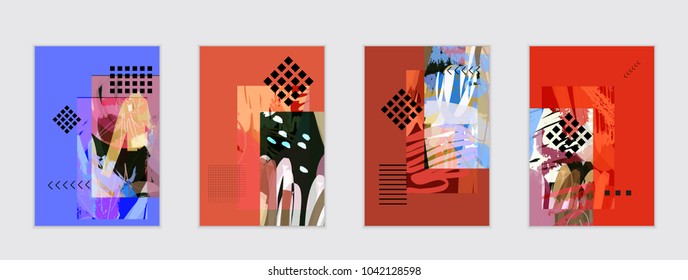 Set of artistic abstract universal card templates with simple geometric shapes and hand drawn doodle texture. Social media web banner. Bright colored isolated on white background cover template.