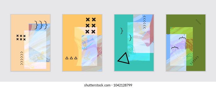Set of artistic abstract universal card templates with simple geometric shapes and hand drawn doodle texture. Social media web banner. Bright colored isolated on white background cover template.