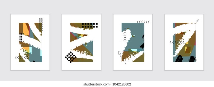 Set of artistic abstract universal card templates with simple geometric shapes and hand drawn doodle texture. Social media web banner. Bright colored isolated on white background cover template.