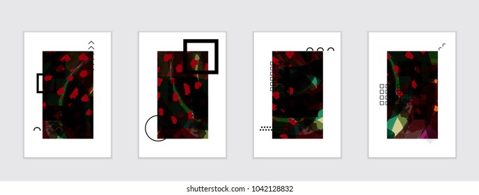 Set of artistic abstract universal card templates with simple geometric shapes and hand drawn doodle texture. Social media web banner. Bright colored isolated on white background cover template.