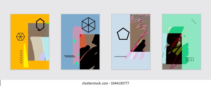 Set of artistic abstract universal card templates with simple geometric shapes and hand drawn doodle texture. Social media web banner. Bright colored isolated on white background cover template.