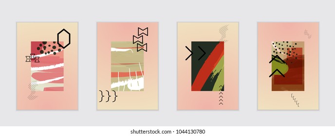 Set of artistic abstract universal card templates with simple geometric shapes and hand drawn doodle texture. Social media web banner. Bright colored isolated on white background cover template.