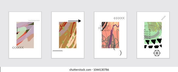 Set of artistic abstract universal card templates with simple geometric shapes and hand drawn doodle texture. Social media web banner. Bright colored isolated on white background cover template.