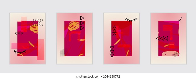 Set of artistic abstract universal card templates with simple geometric shapes and hand drawn doodle texture. Social media web banner. Bright colored isolated on white background cover template.