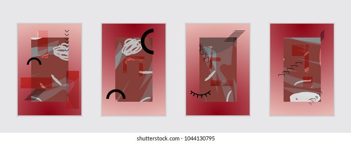 Set of artistic abstract universal card templates with simple geometric shapes and hand drawn doodle texture. Social media web banner. Bright colored isolated on white background cover template.