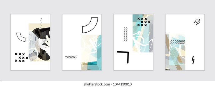 Set of artistic abstract universal card templates with simple geometric shapes and hand drawn doodle texture. Social media web banner. Bright colored isolated on white background cover template.