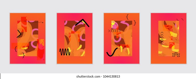 Set of artistic abstract universal card templates with simple geometric shapes and hand drawn doodle texture. Social media web banner. Bright colored isolated on white background cover template.