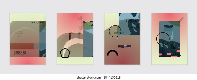 Set of artistic abstract universal card templates with simple geometric shapes and hand drawn doodle texture. Social media web banner. Bright colored isolated on white background cover template.