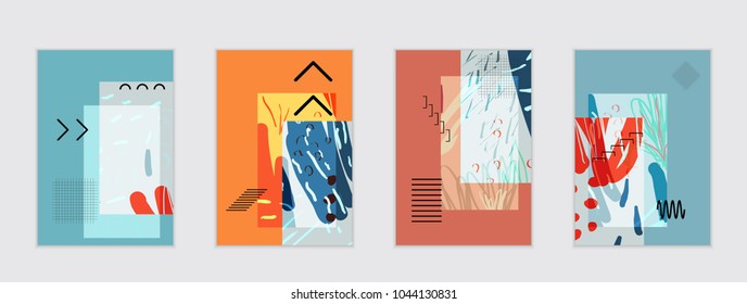 Set of artistic abstract universal card templates with simple geometric shapes and hand drawn doodle texture. Social media web banner. Bright colored isolated on white background cover template.